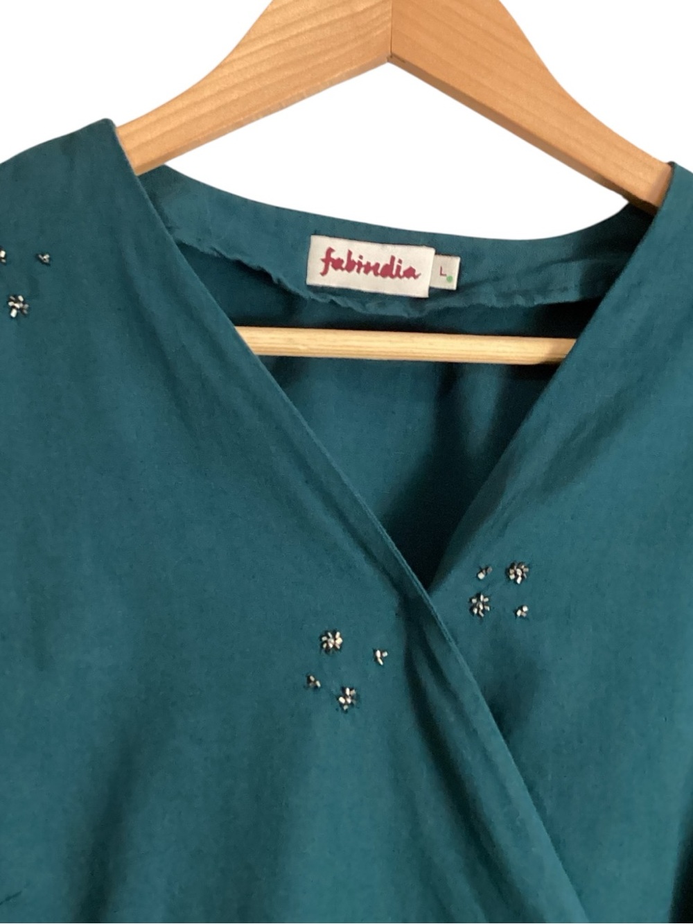Fabindia Teal Cotton Linen Wrap Top Beaded Floral Embellished Boho Large - Picture 3 of 9